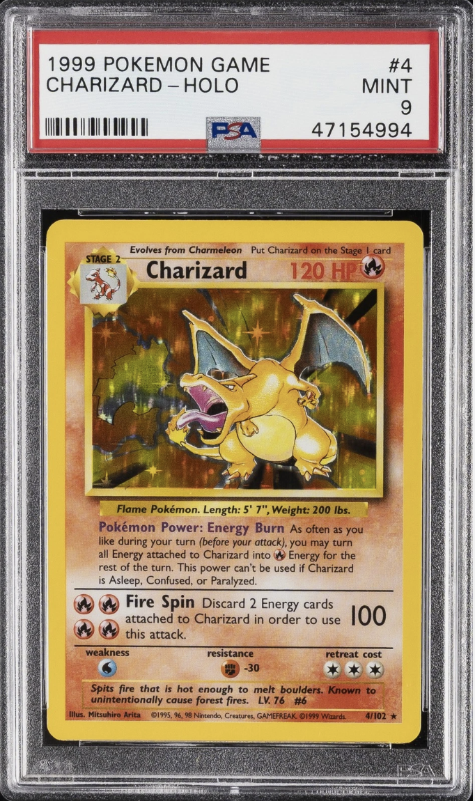 1999 Base Set Charizard Holo, PSA 9 — representative of the chase card (final prize photographed at launch)