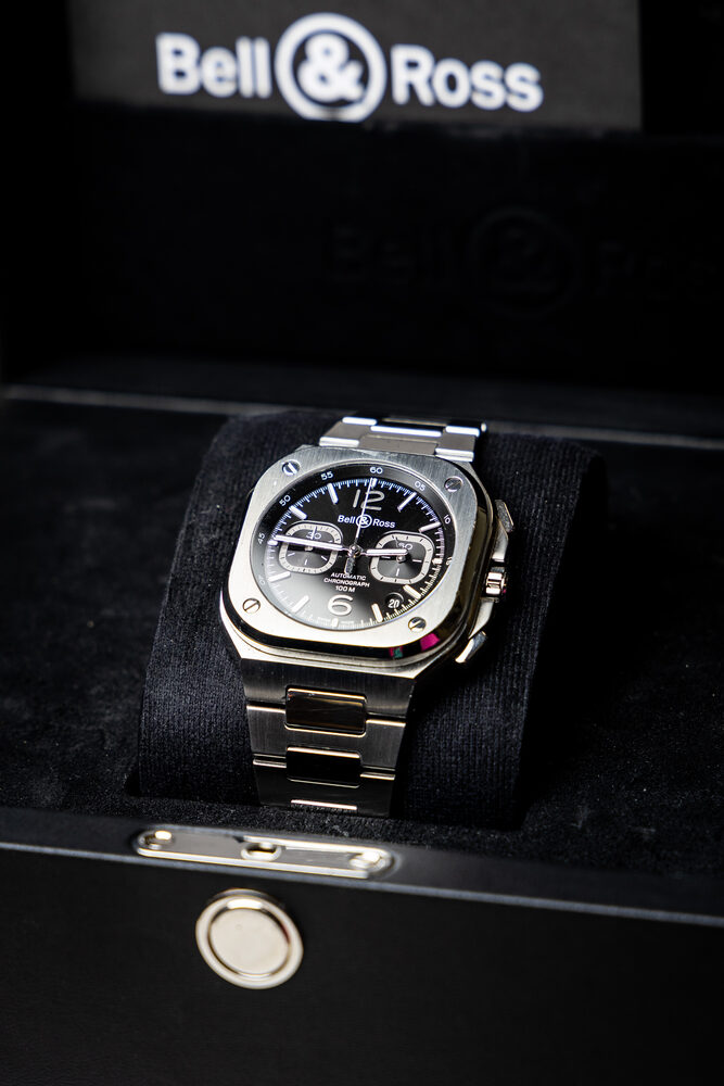 Bell & Ross BR 05 Chronograph, steel with black dial, in its presentation box