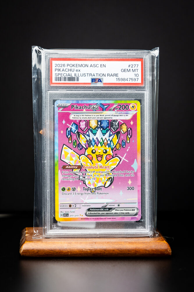 The actual prize: Pikachu ex Special Illustration Rare #277, graded PSA 10, in its slab